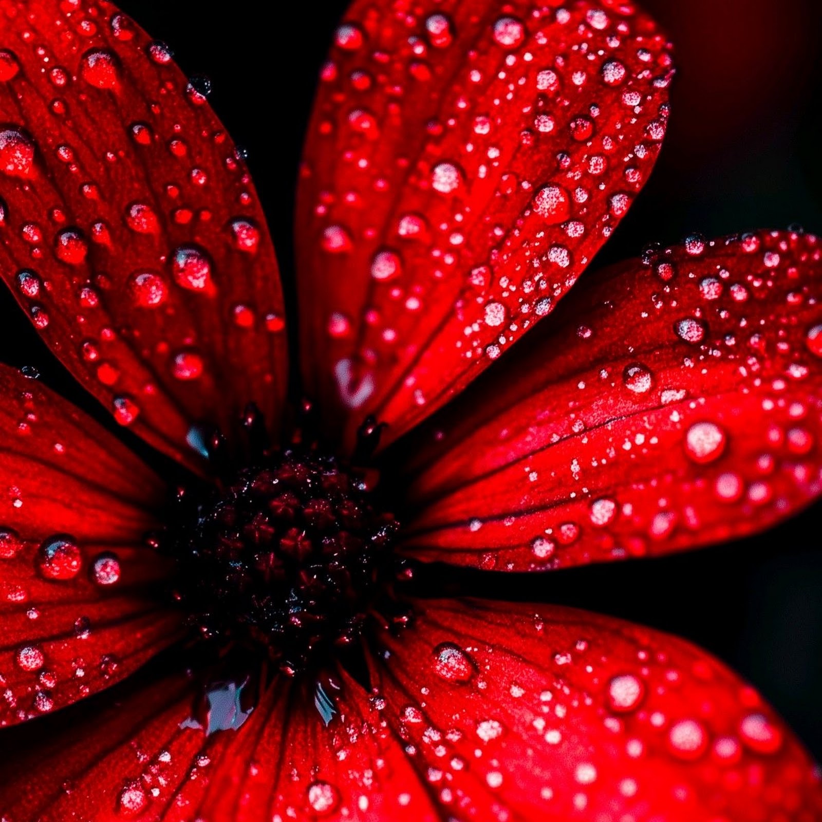 Download Red Flower, Water Droplets, Floral, Dark Full HD iPhone