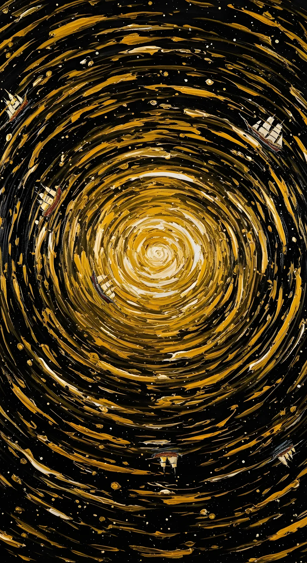 Abstract Golden Vortex Painting with Tiny Sailing Ships - Free 4K mobile Wallpaper