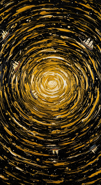 Abstract Golden Vortex Painting with Tiny Sailing Ships - Free mobile Wallpaper
