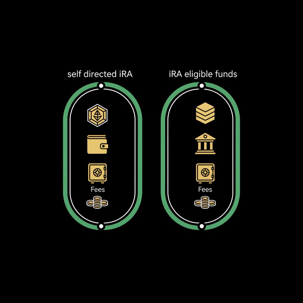 Minimalist 2D vector infographic for crypto roth ira showing two parallel investment paths distinguished by icons representing custody and fees on a dark brand background