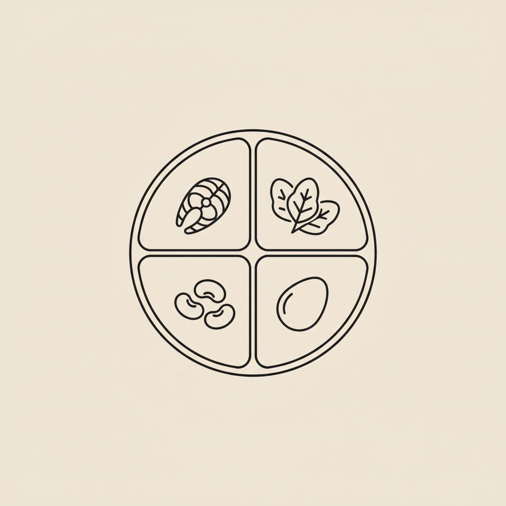Minimal Tonum-style line illustration of a divided plate showing fish, leafy greens, legumes and an egg on beige background — which vitamin boosts dopamine