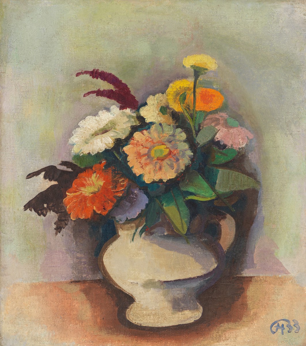 Bouquet of zinnias in a vase 1933