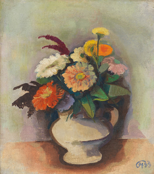 Bouquet of zinnias in a vase 1933