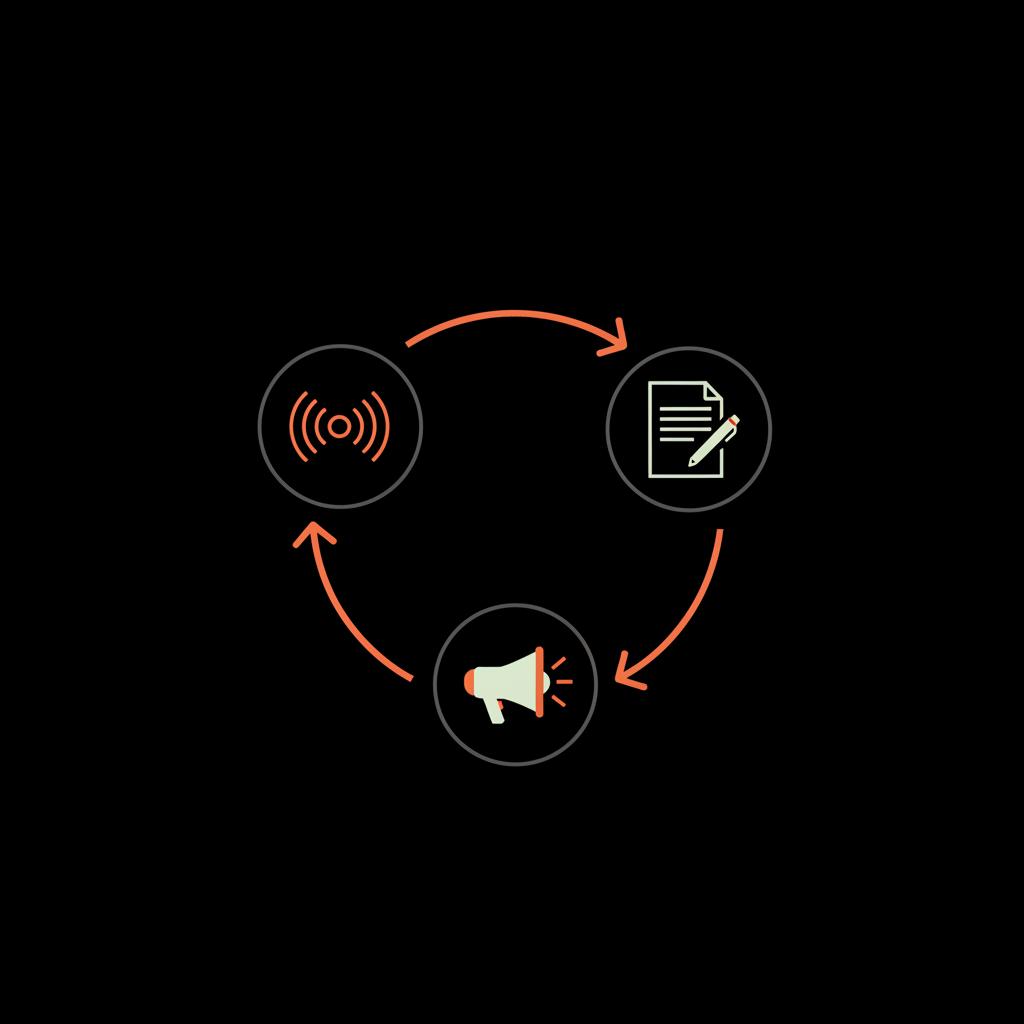 Minimal 2D vector infographic loop of three icons (soundwave, document with pen, chat bubbles) connected by accent arrows on a black background — Forbes subscription cost