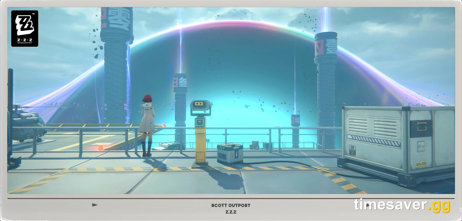 Scott Outpost overlooking the Hollow Zero containment dome in Zenless Zone Zero, the hub for the weekly Bounty Commission Polychrome track