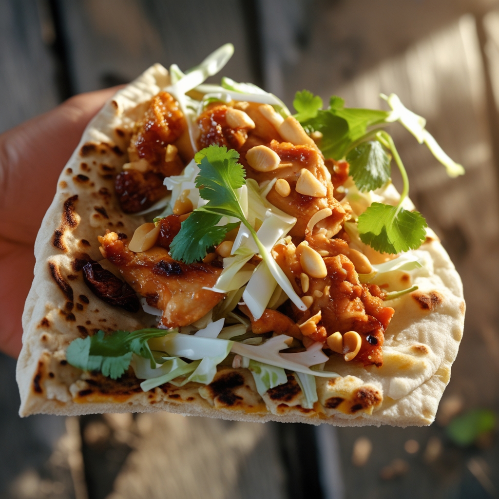 Ras el Hanout Peanut Chicken Flatbreads with Quick Apple Slaw