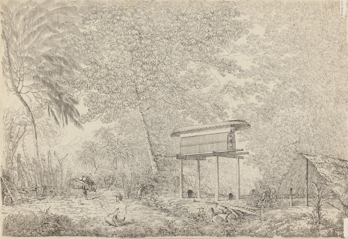 A Toopapapoo of a Chief with a Priest Making his Offering to the Morai in Huohei