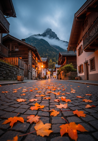 Autumn Cobblestone Street in Alpine Village