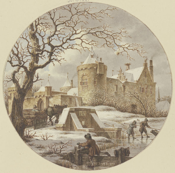 Winterlandschaft vor der Stadtmauer auf der Brücke ein Holzschlitten 1788