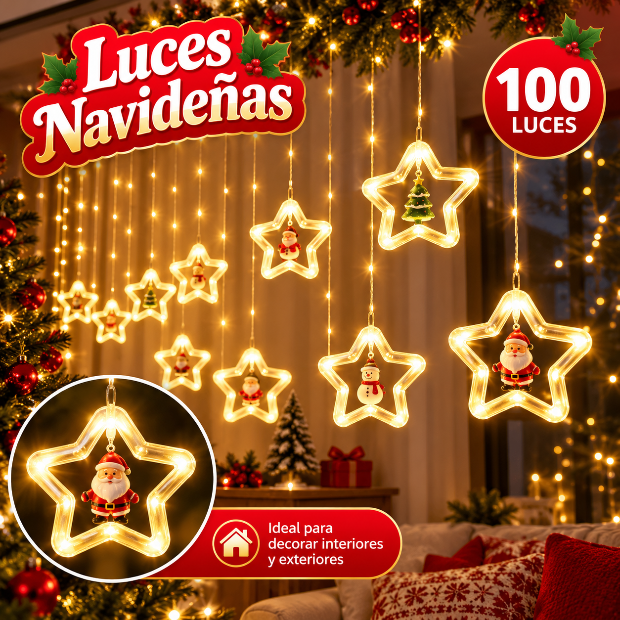 Cortina de 100 luces LED con estrellas y figuras navideñas