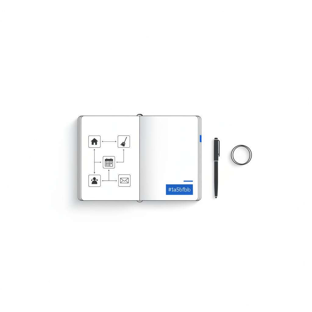 Top-down 2D vector of a tidy desk with a notebook sitemap sketch (icons for home, services, booking, contact), pen and #1a5bfb swatch &mdash; best website builder for cleaning business
