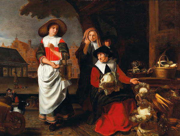 A Town Square With An Old Woman Selling Vegetables At A Market Stall