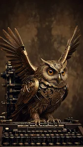 Steampunk Owl Perched on Vintage Typewriter