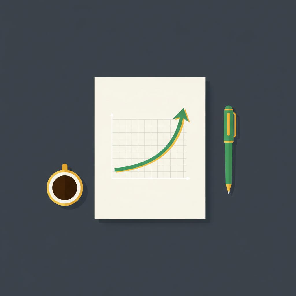 Minimalist 2D vector close up of a compound interest graph on paper with pen and coffee cup highlighting upward curve in brand colors investing $100 per week