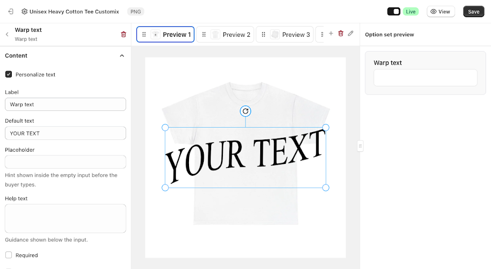 Content panel with Personalize text, Label, Default text, Placeholder, Help text, Required, Is paragraph, and Move with bounding box fields