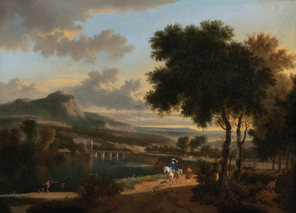 An Extensive Landscape With Travellers Fishermen And Cattle Drovers On A Path Wi
