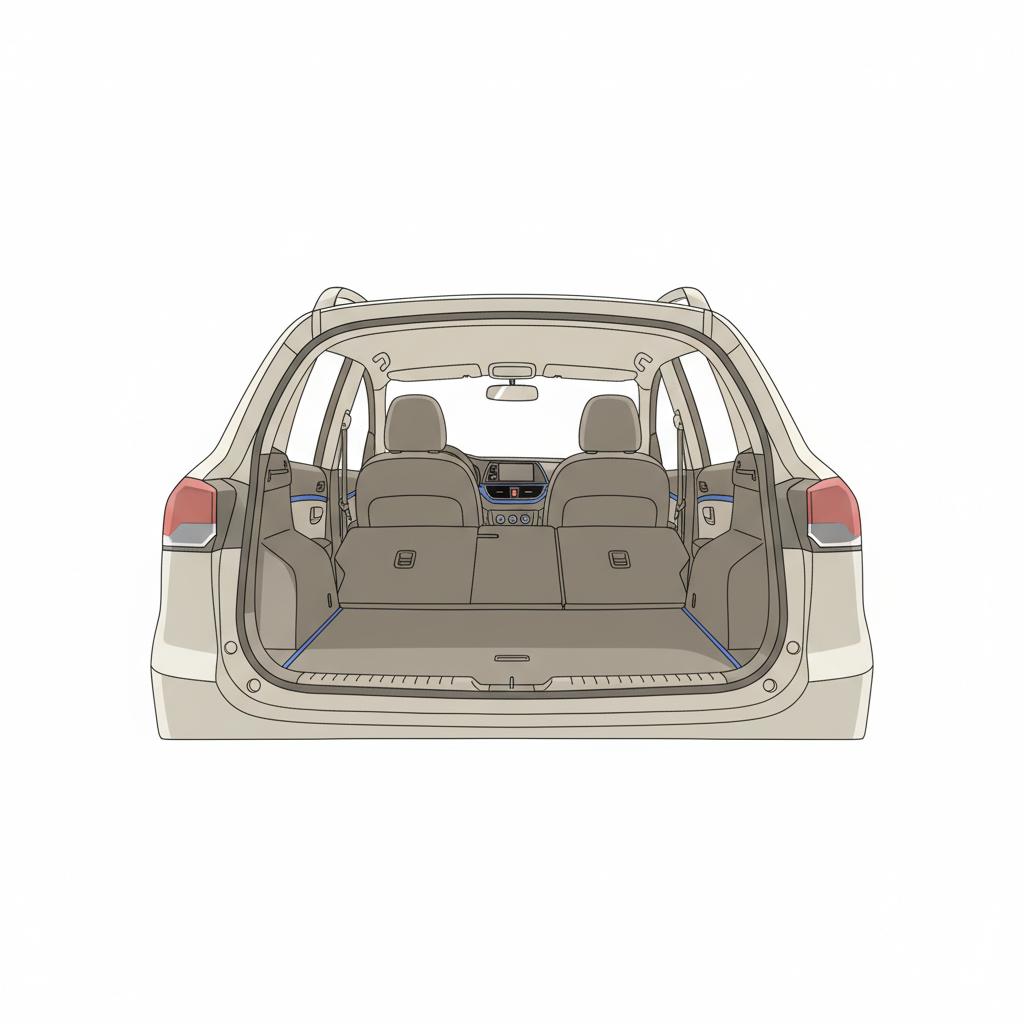Minimalist 2D vector showing compact crossover cargo area with folded rear seats soft natural light neutral tones and 3666ed accent on dashboard and stitching best-selling Nissan model 2024