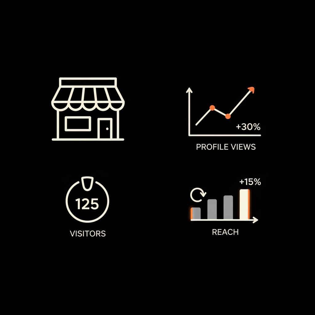 Minimal infographic showing storefront foot-traffic counter and simple charts representing Instagram profile views and reach in black, off-white, gray, and orange brand colors.