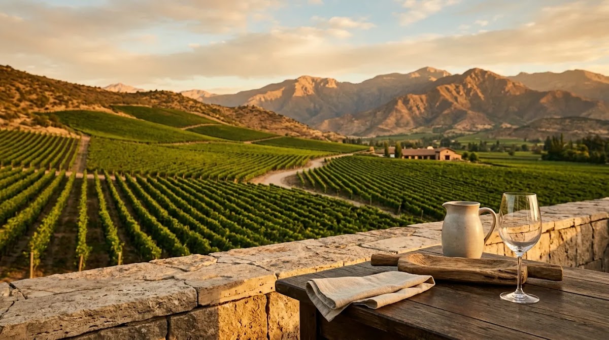 Chilean wine guide hero image showing vineyard rows and Andes foothills in Chile wine regions