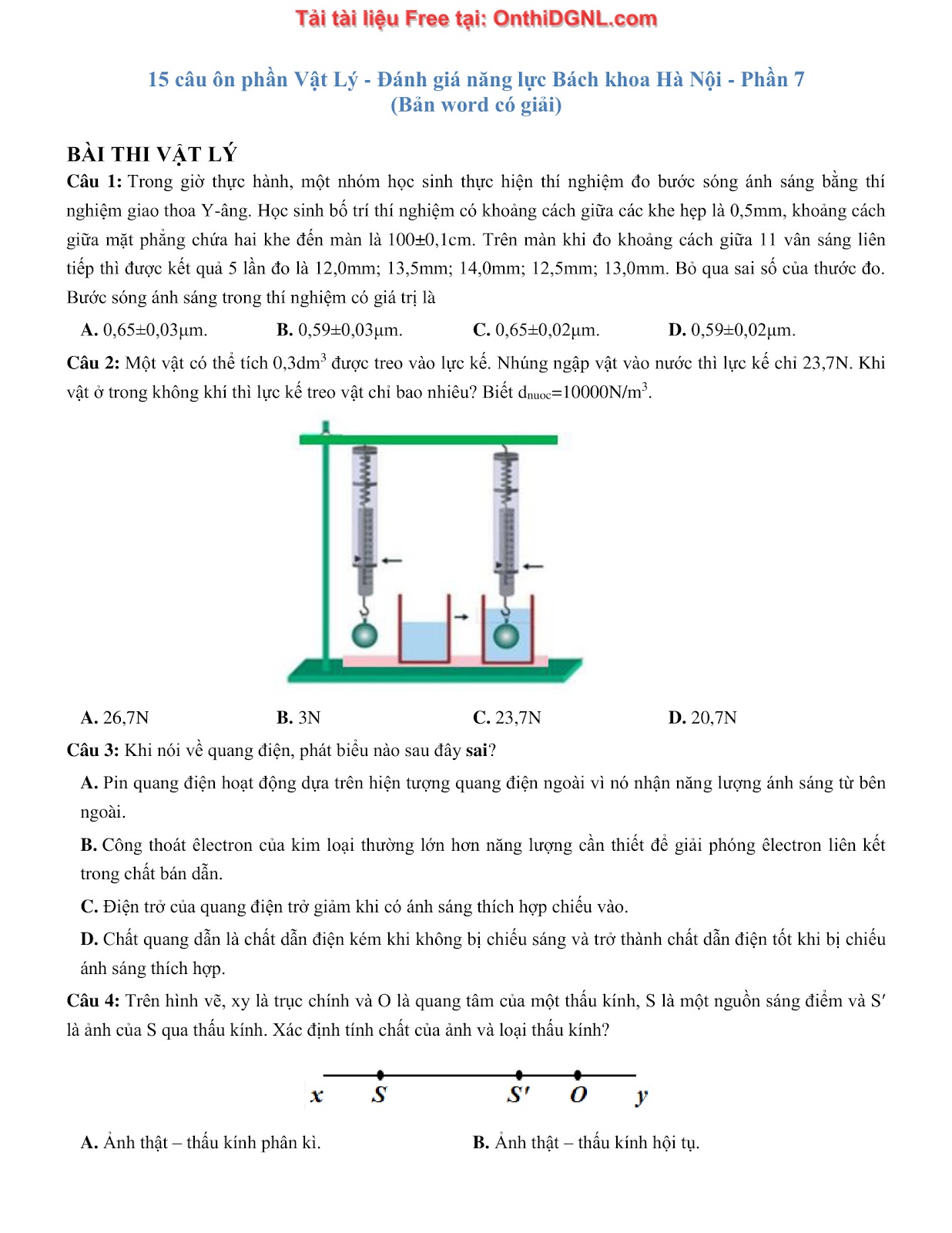105 bài tập môn Vật Lý - Ôn thi ĐGNL Bách khoa Hà Nội Phần 7