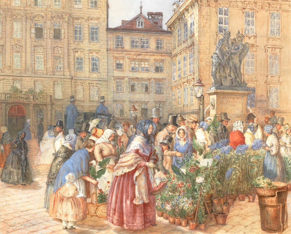 A bustling flower market