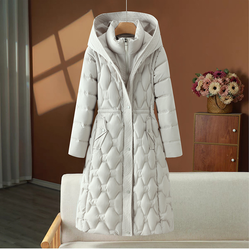 Long women's puffer coat with waist tailoring