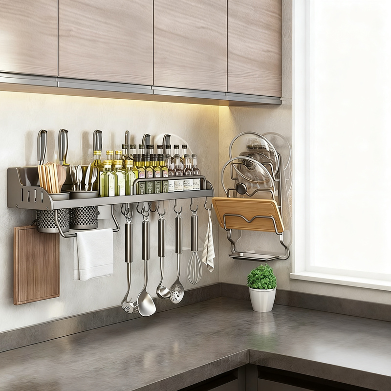 Wall shelf for kitchen, aluminum, no drilling