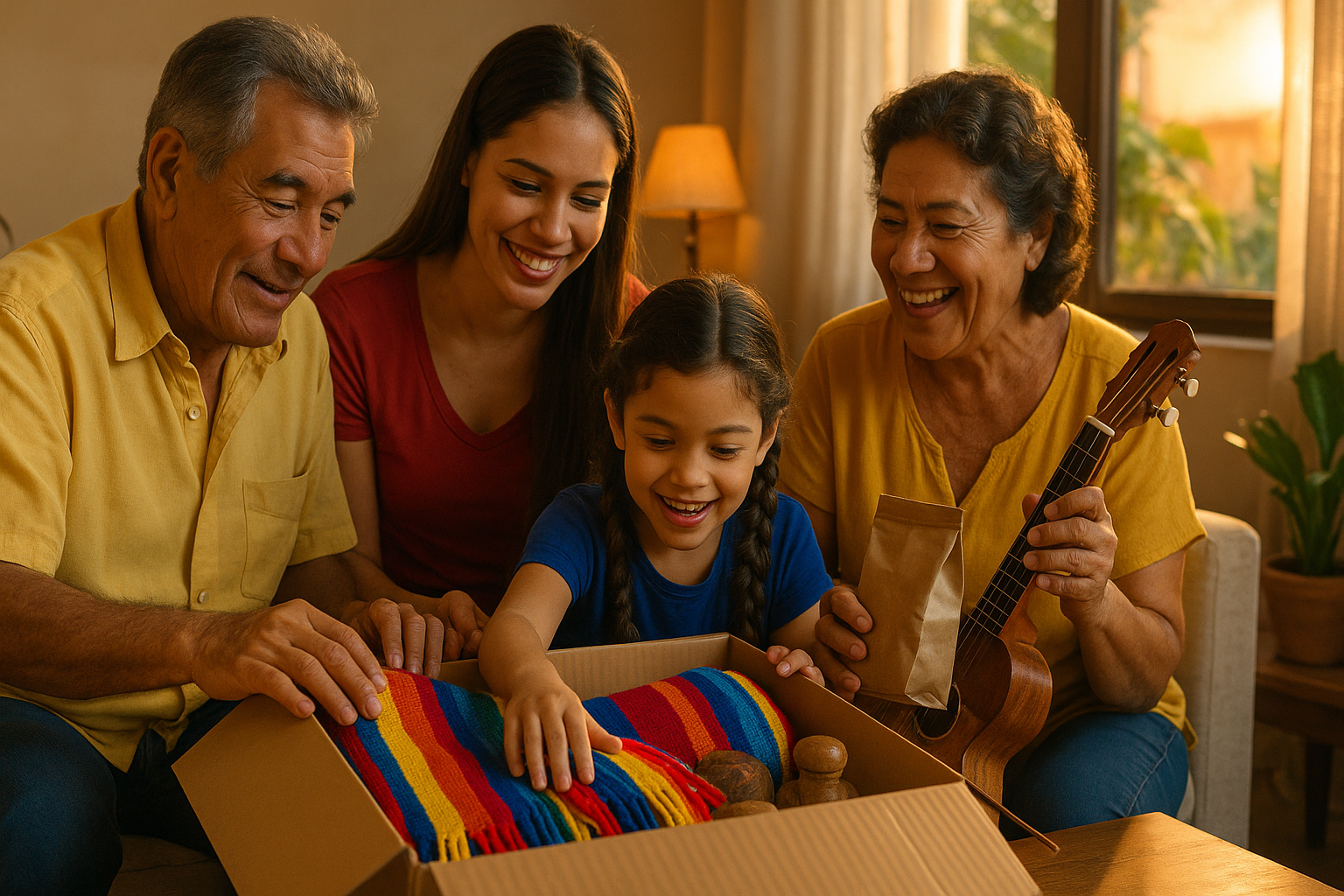 Familia venezolana abriendo una caja de envío en su sala