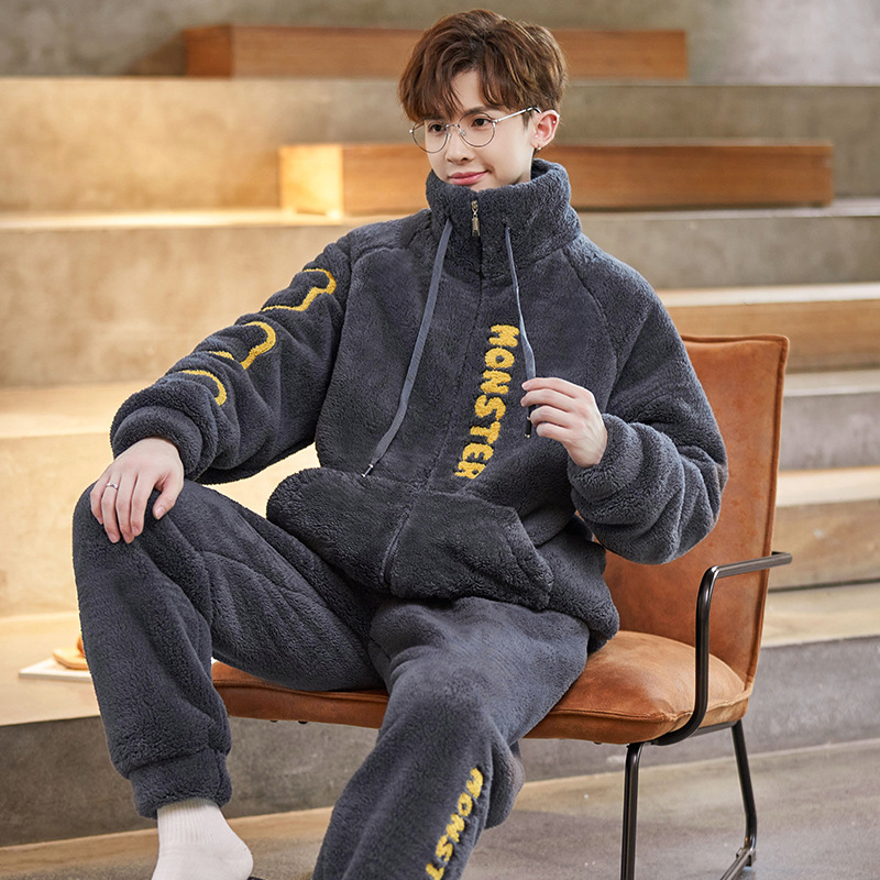 Herren-Pyjama-Set, Korallenfleece, gefüttert, warm