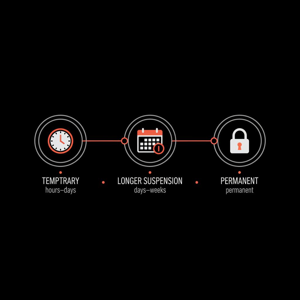 Sleek timeline infographic showing temporary, longer suspension, and permanent live ban on TikTok outcomes on a black background with light text and orange accents.