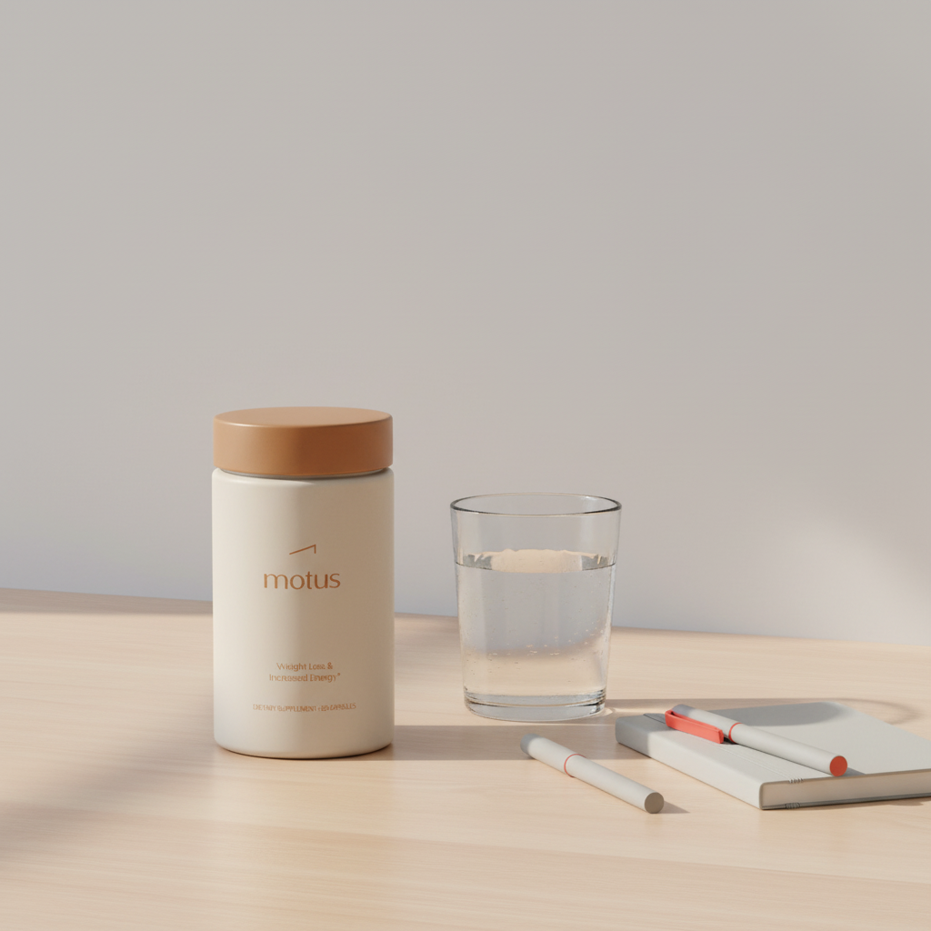Minimalist desk scene with Tonum supplement jar beside a water glass, notebook and pen in soft morning light, clean composition highlighting memory supplements evidence
