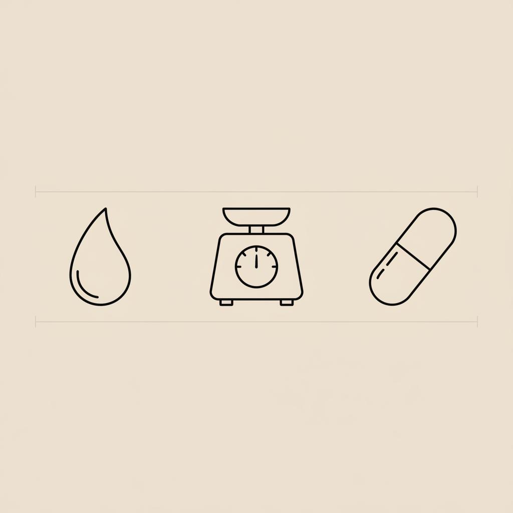 Minimalist vector line illustration of a water droplet, weighing scale, and capsule on a beige background representing fluid, weight, and supplements related to sudden weight gain