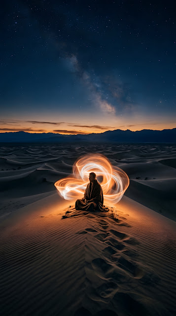 Solitary Figure Meditating in Desert with Glowing Orange Aura at Twilight - Free mobile Wallpaper