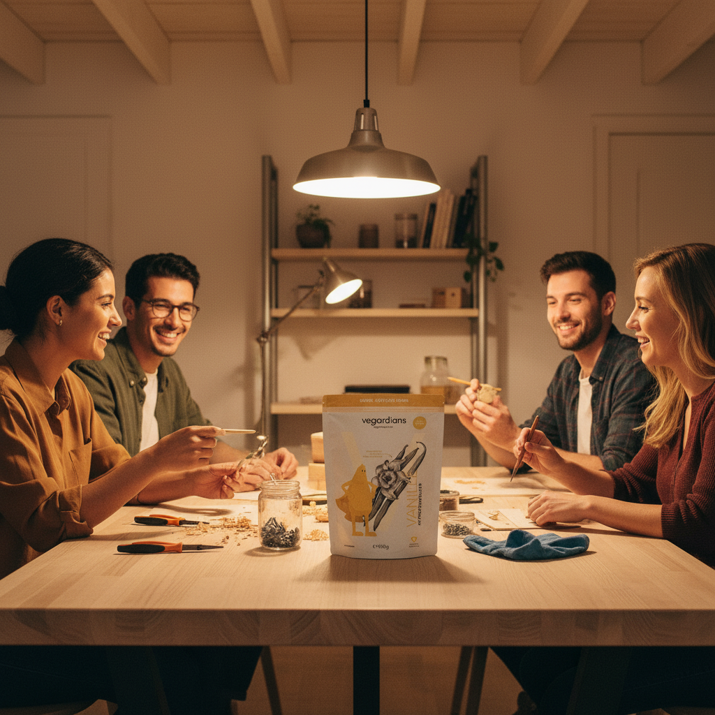 Freunde teilen DIY-Projekt am Holztisch bei warmem Lampenlicht, Nahaufnahmen von Händen und Werkzeugen, Steelmonks‑Farben dezent reflektiert, zeit schenken geschenkideen