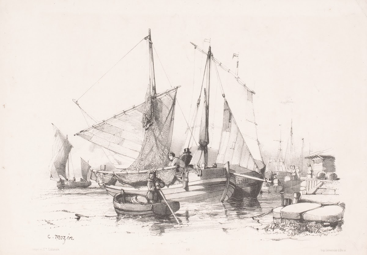 Sailing ships and rowboats at the quay 1850 1884