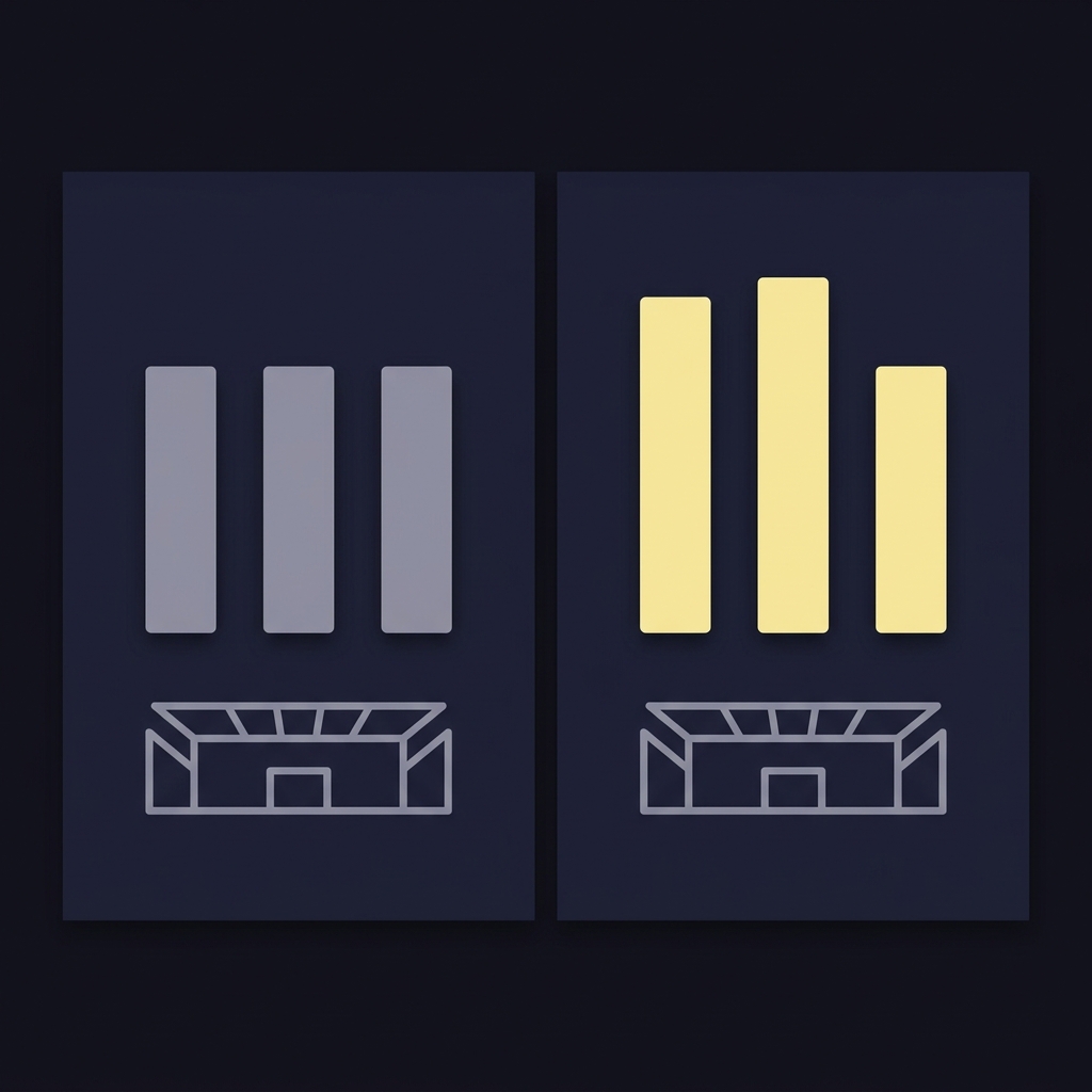 Minimalist 2D vector side by side comparison of park factor multipliers showing a neutral park and Camden Yards with subtle highlighted differences in Funded Plays color palette blue jays orioles prediction