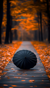 Black Umbrella on Autumn Path Amidst Golden Fallen Leaves