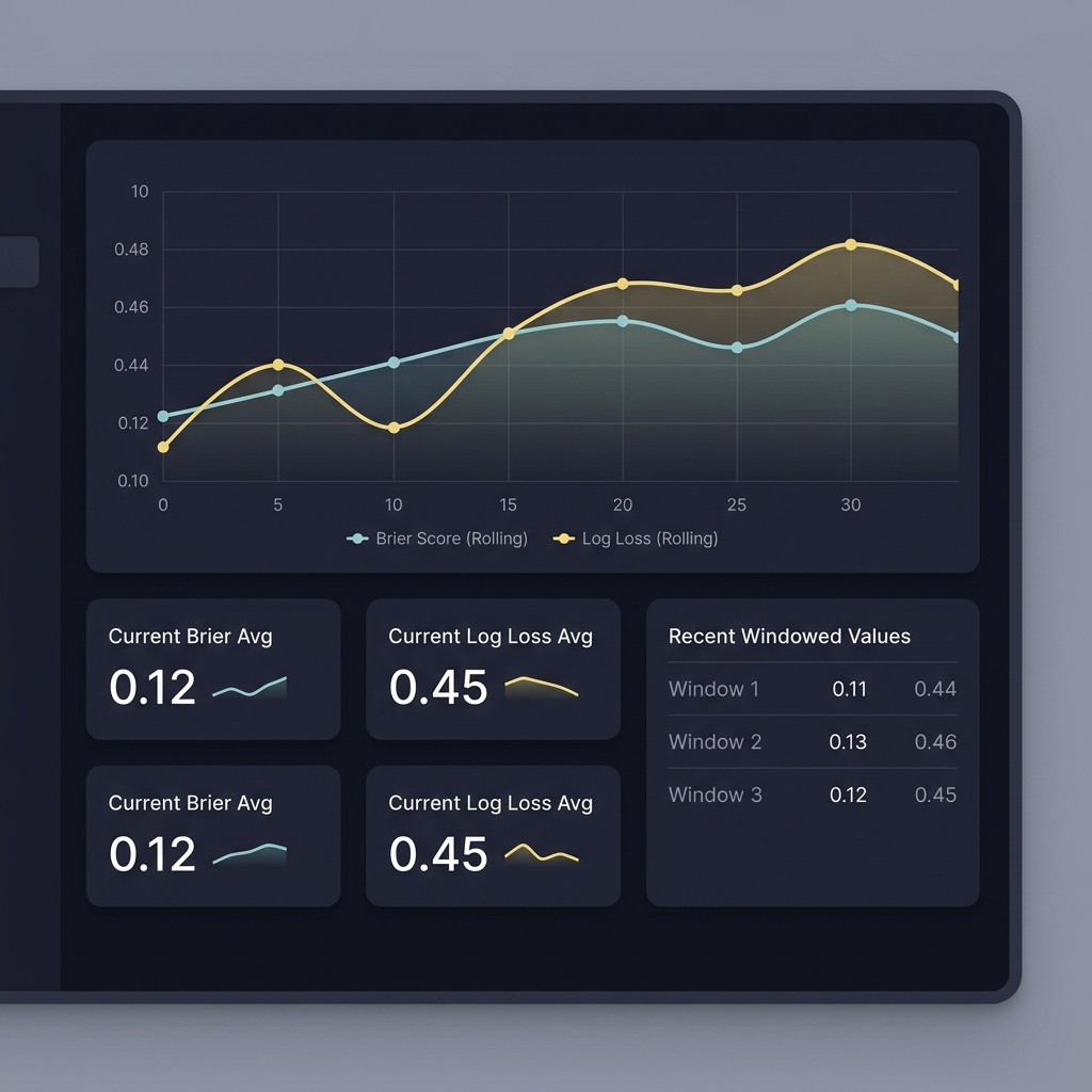 Minimalist close up dashboard showing Brier score and log loss rolling aggregates with trend lines and KPI tiles in Funded Plays style How a Sports Trading Challenge Works from Start to Finish