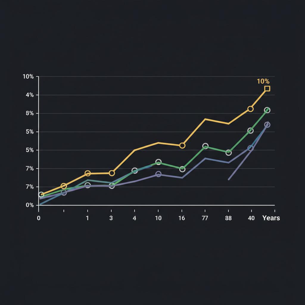 how do i begin investing minimalist 2D vector line chart on dark background showing five growth lines zero three five seven ten percent over forty years in Finance Police color palette