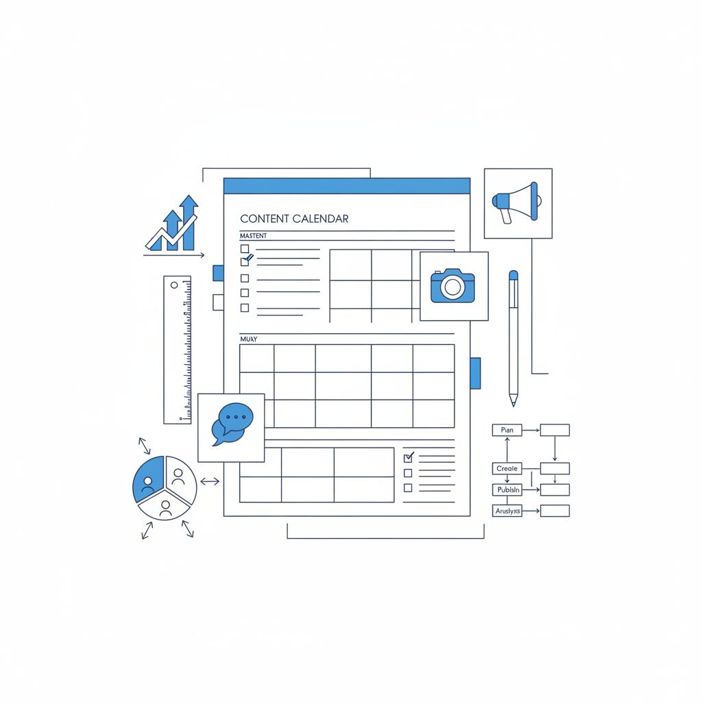 Minimal 2D vector flat-lay with maps, sticky notes showing phone, hours and star icons, ruler and budget sketches for Google Business Profile cost planning.