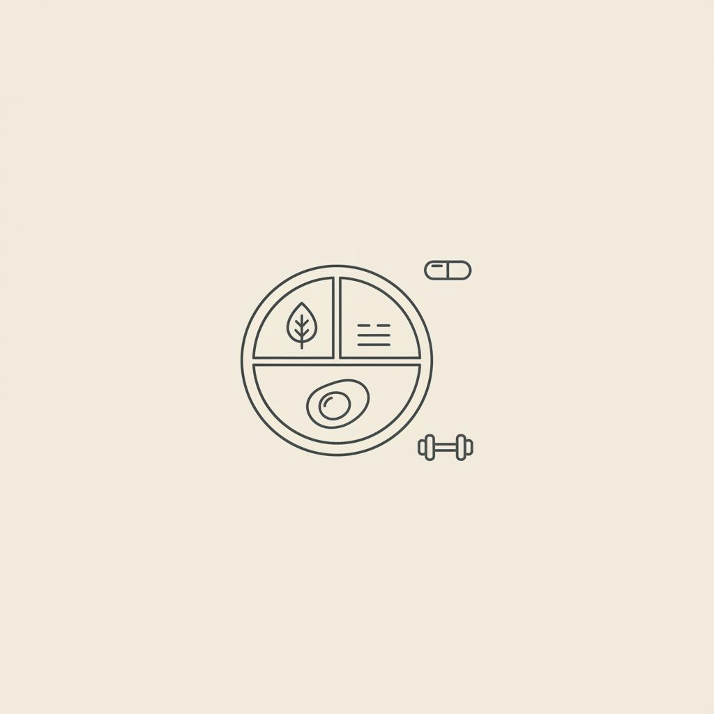Minimal Tonum-style line illustration of a plate with balanced meal, a small capsule and a dumbbell on beige background representing muscle wasting liver disease