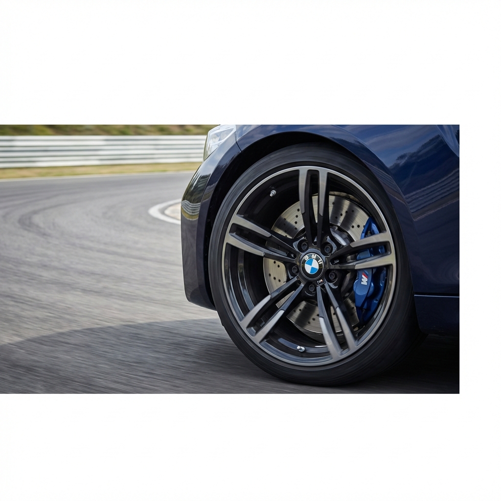 Close three quarter shot of a BMW M2 on track focusing on wheel and brake detail shallow depth of field minimalist styling bmw m2 for sale