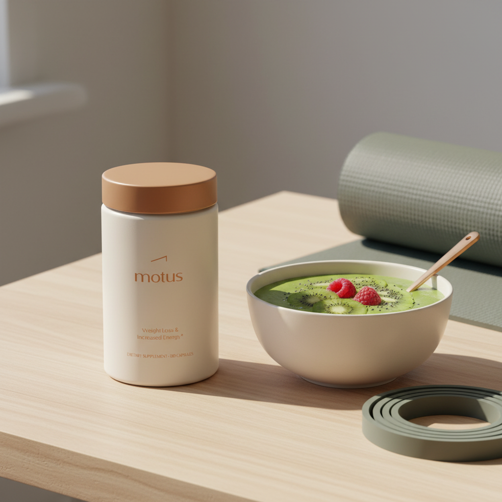 Motus supplement jar placed on a light wooden table next to a smoothie bowl and resistance band in a minimalist Tonum scene for collagen for weight loss