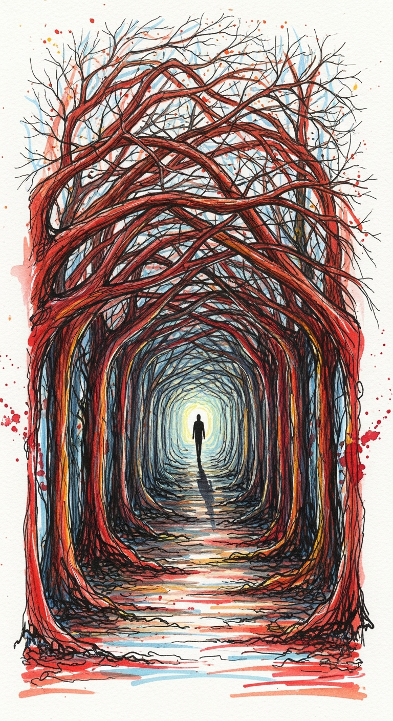 Abstract Watercolor Painting of a Tree Tunnel and Solitary Figure on a Path - Free 4K mobile Wallpaper