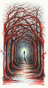 Abstract Watercolor Painting of a Tree Tunnel and Solitary Figure on a Path