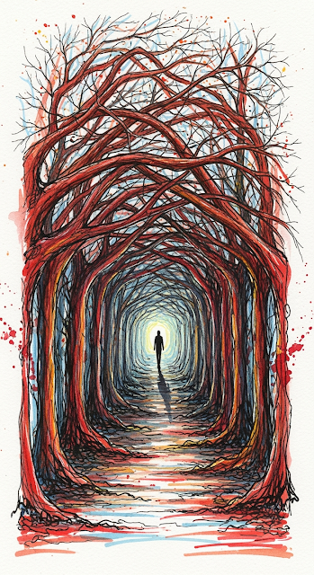 Abstract Watercolor Painting of a Tree Tunnel and Solitary Figure on a Path - Free mobile Wallpaper