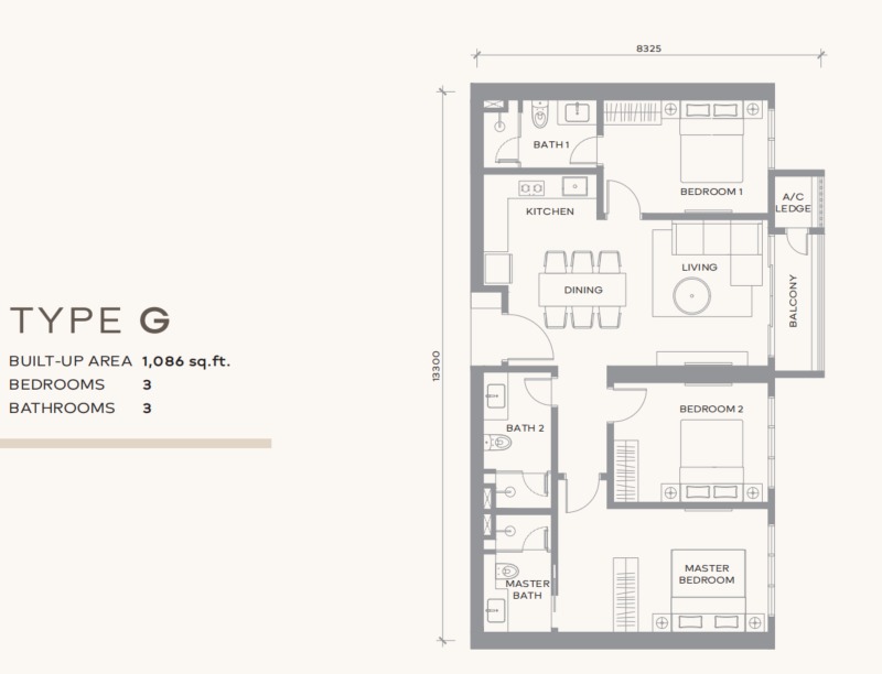 Khaya Residence Type G floor plan — 1055 sq ft, 3 bedrooms