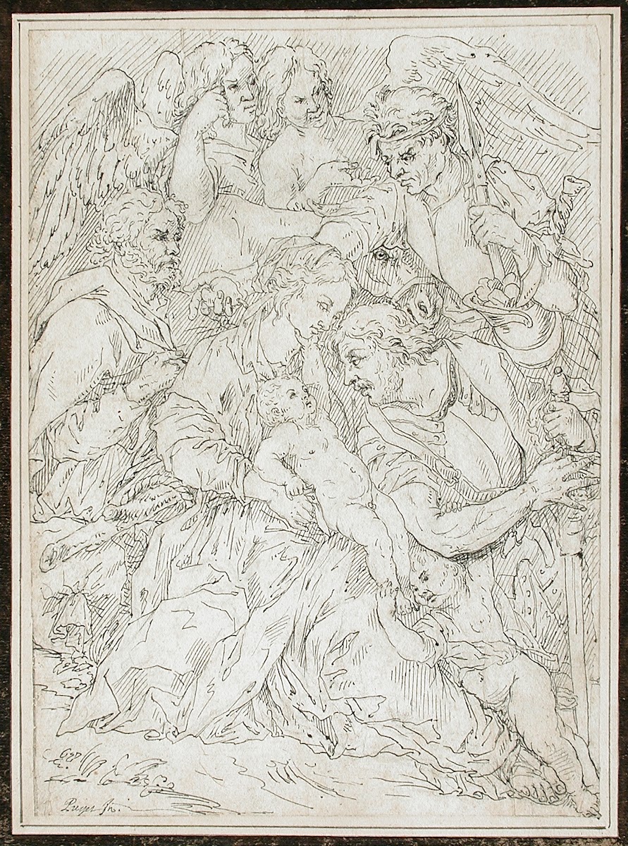 The Holy Family with Angels and Two Figures