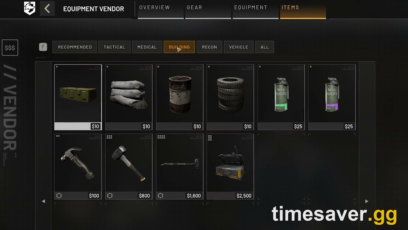 WARDOGS Equipment Vendor screen with tabs for tactical, medical, building, recon and vehicle items, from a pre-launch trailer