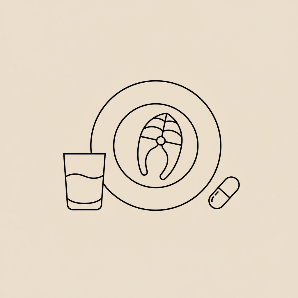 Minimal Tonum-style line illustration of a plate with fish fillet, a capsule, and a glass of water on a beige background to support lose belly fat fast.